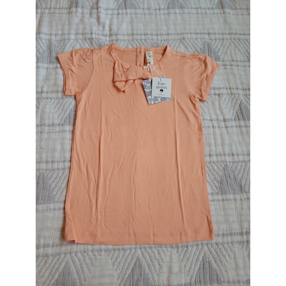 Kate Quinn Girls Peach Bamboo Bow Front Short Sleeve Button Back Top 7Y NEW